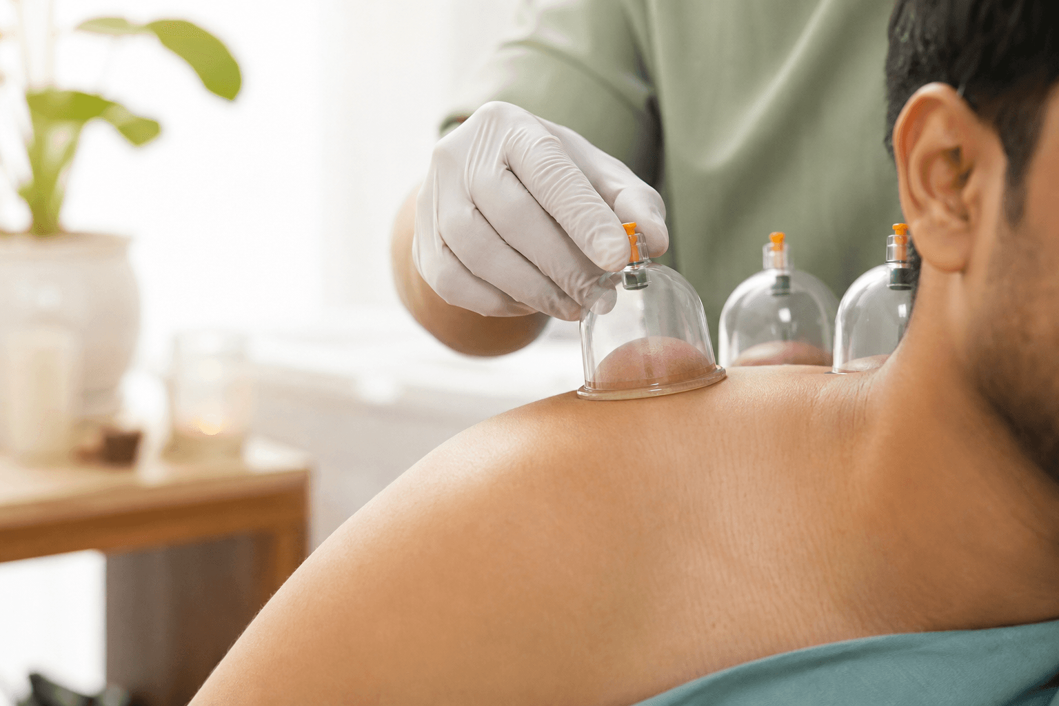 কাঁধে স্বচ্ছ কাপের suction নিয়ন্ত্রণ করছেন গ্লাভস পরা থেরাপিস্ট