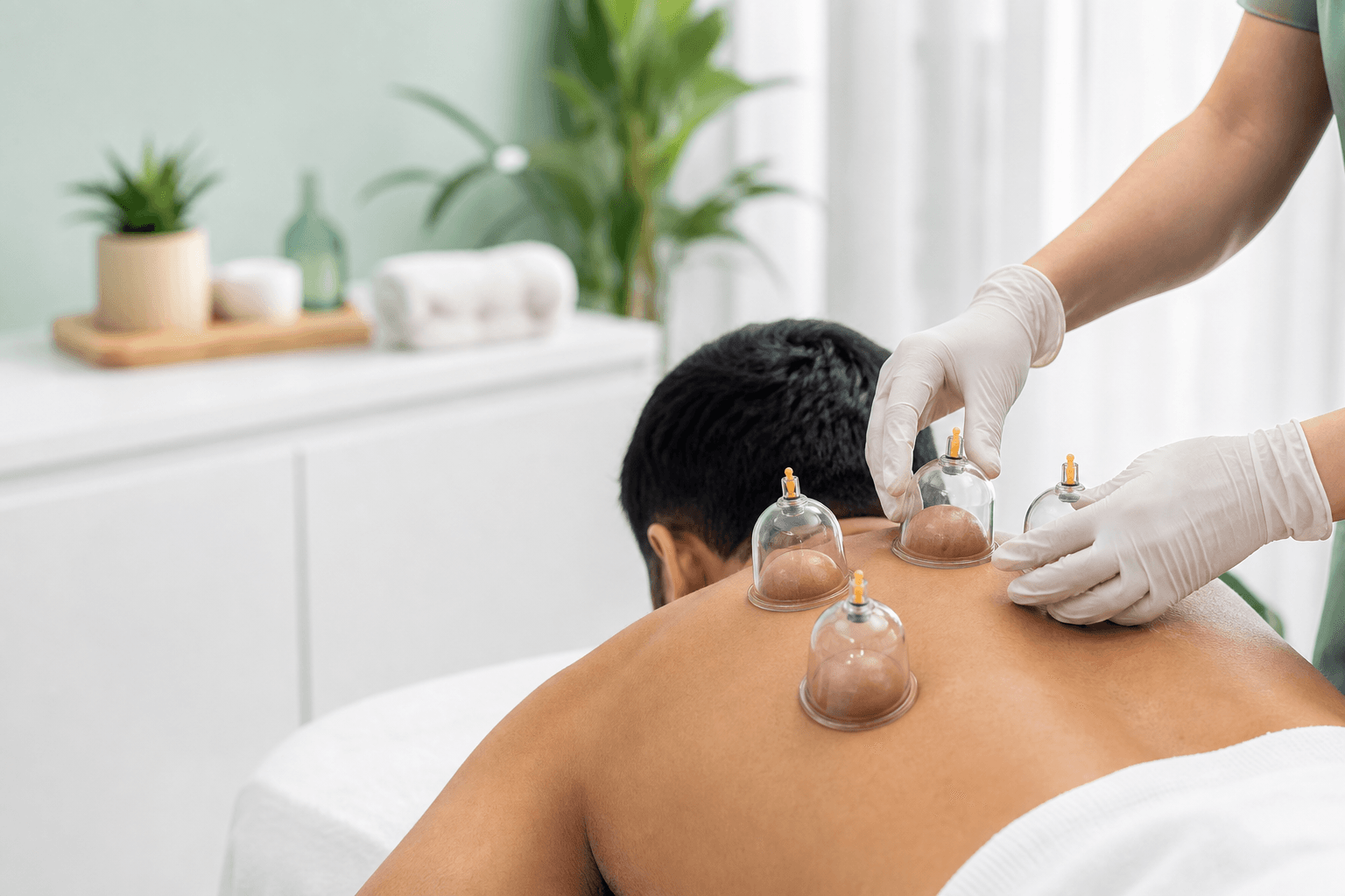 পরিচ্ছন্ন কক্ষে পিঠে নিয়ন্ত্রিত Dry Cupping সেশন